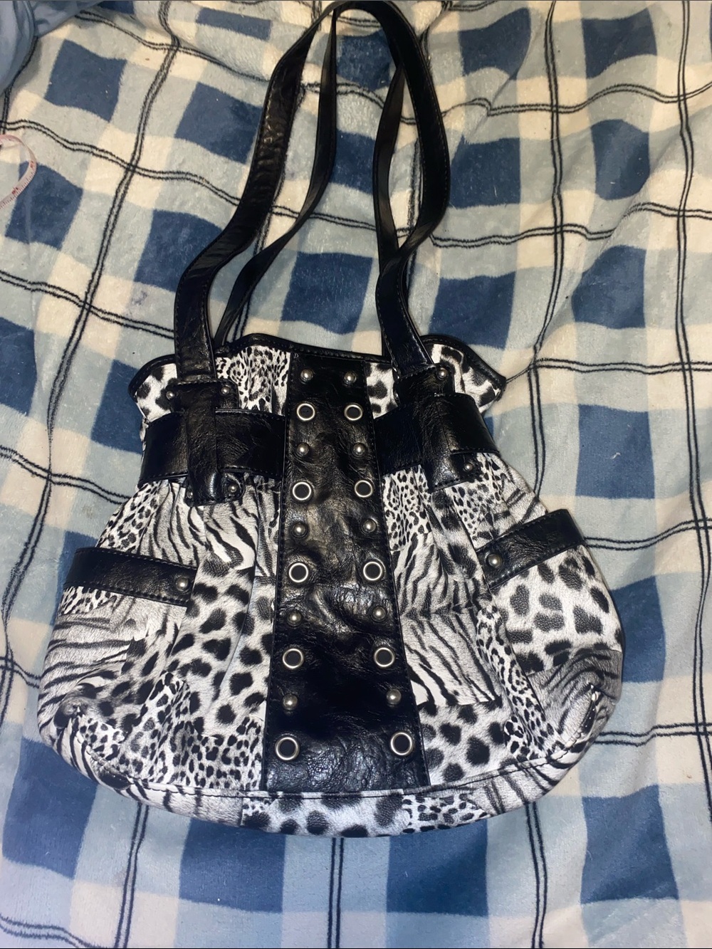 attention Black and White Animal Print Shoulder Bag with Eyelet Detail